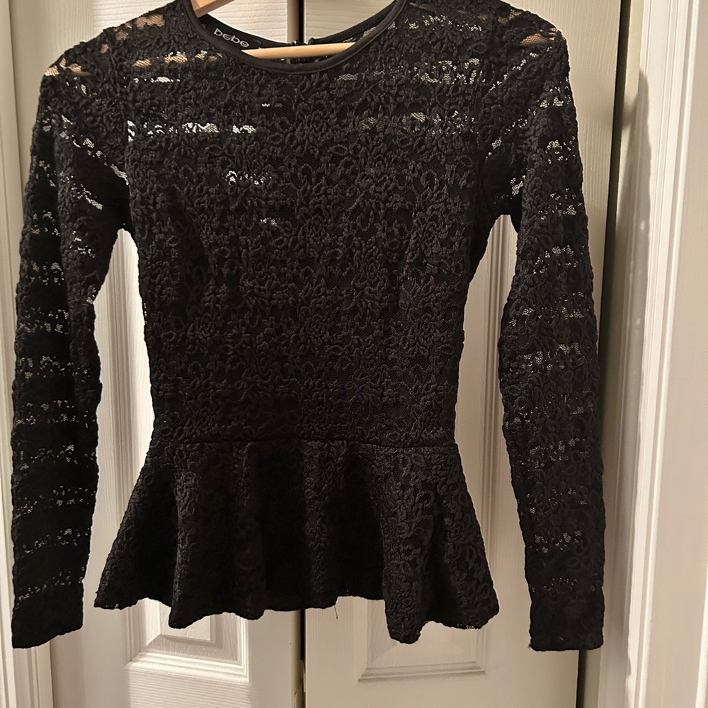 Bebe Black Sequin Peplum Blouse Long Sleeve